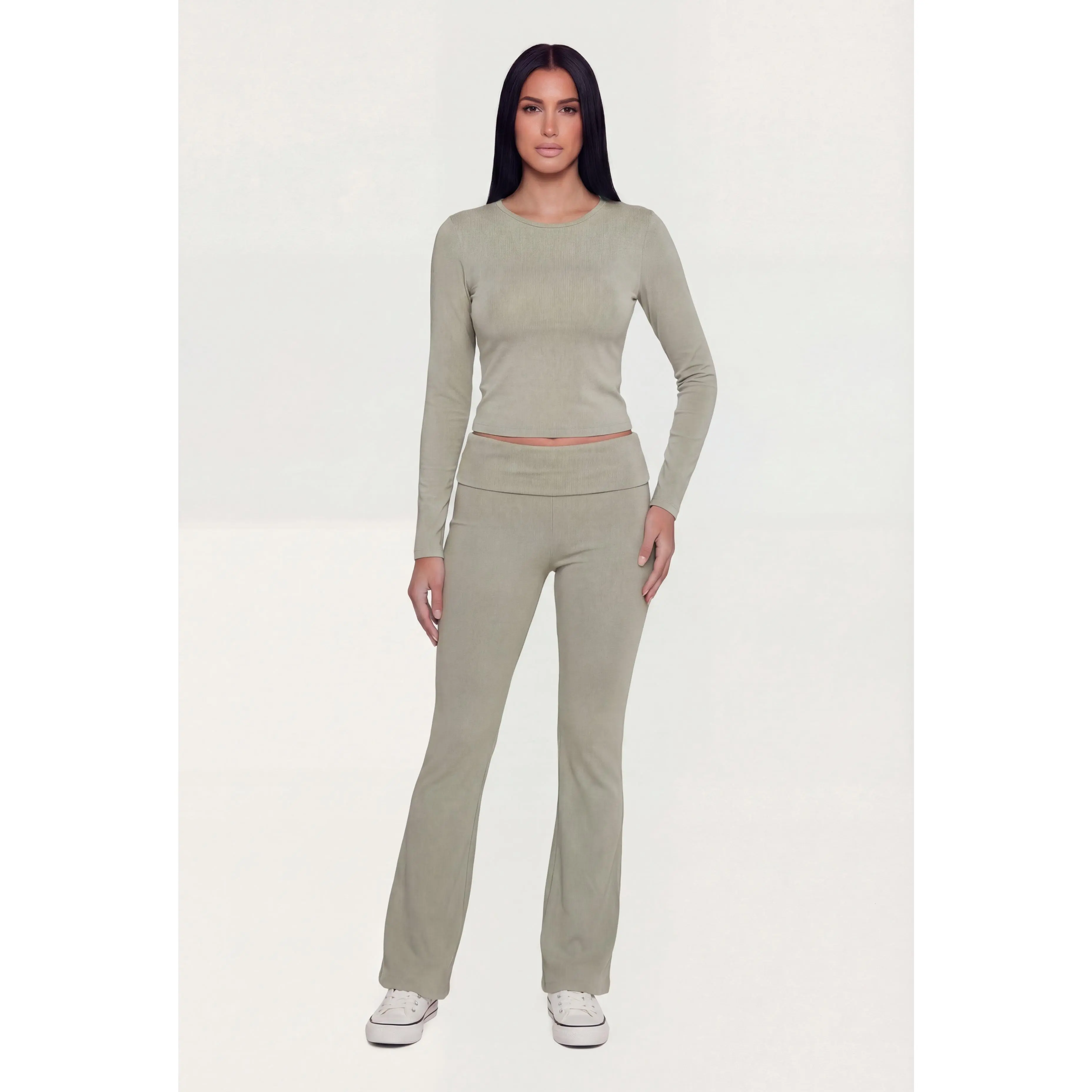 Ribbed Knit Fold Over Flare Leg Pants