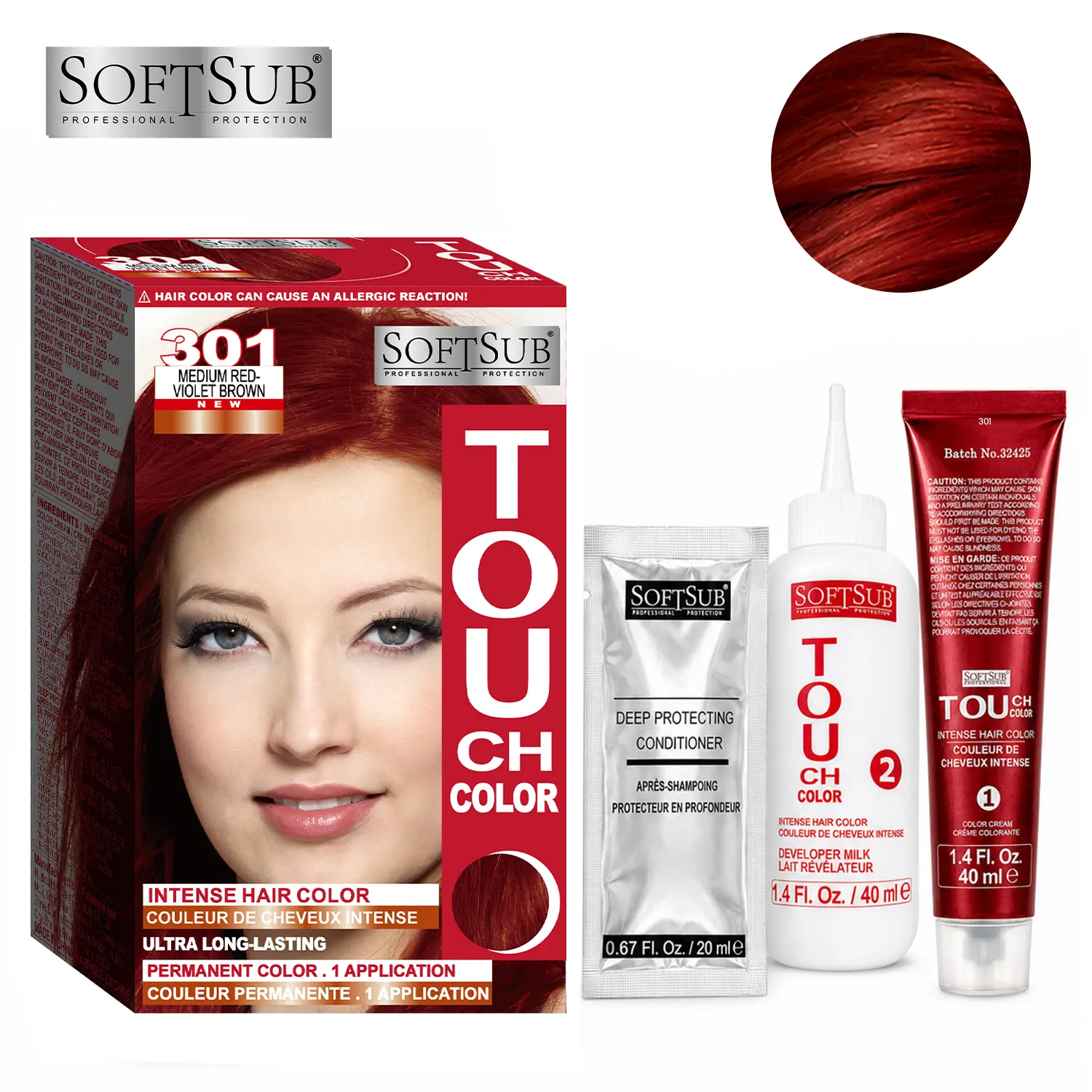 301 Medium Red Violet Brown Hair Color Kit, Permanent At-Home Hair Dye with Developer & Deep Protecting Conditioner, Salon Inspired Rich Red Brown Hair Color SOFTSUB TOUCH