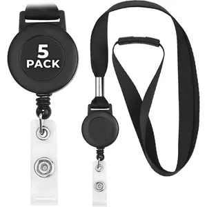 - Lanyards with Retractable Badge Reels - 16.5" Loop, 5 Pack - Flat Safety Breakaway Lanyard with Heavy Duty Extendable Wire Clip and Snap Strap for Badges, ID Cards, Name Tag Holders,