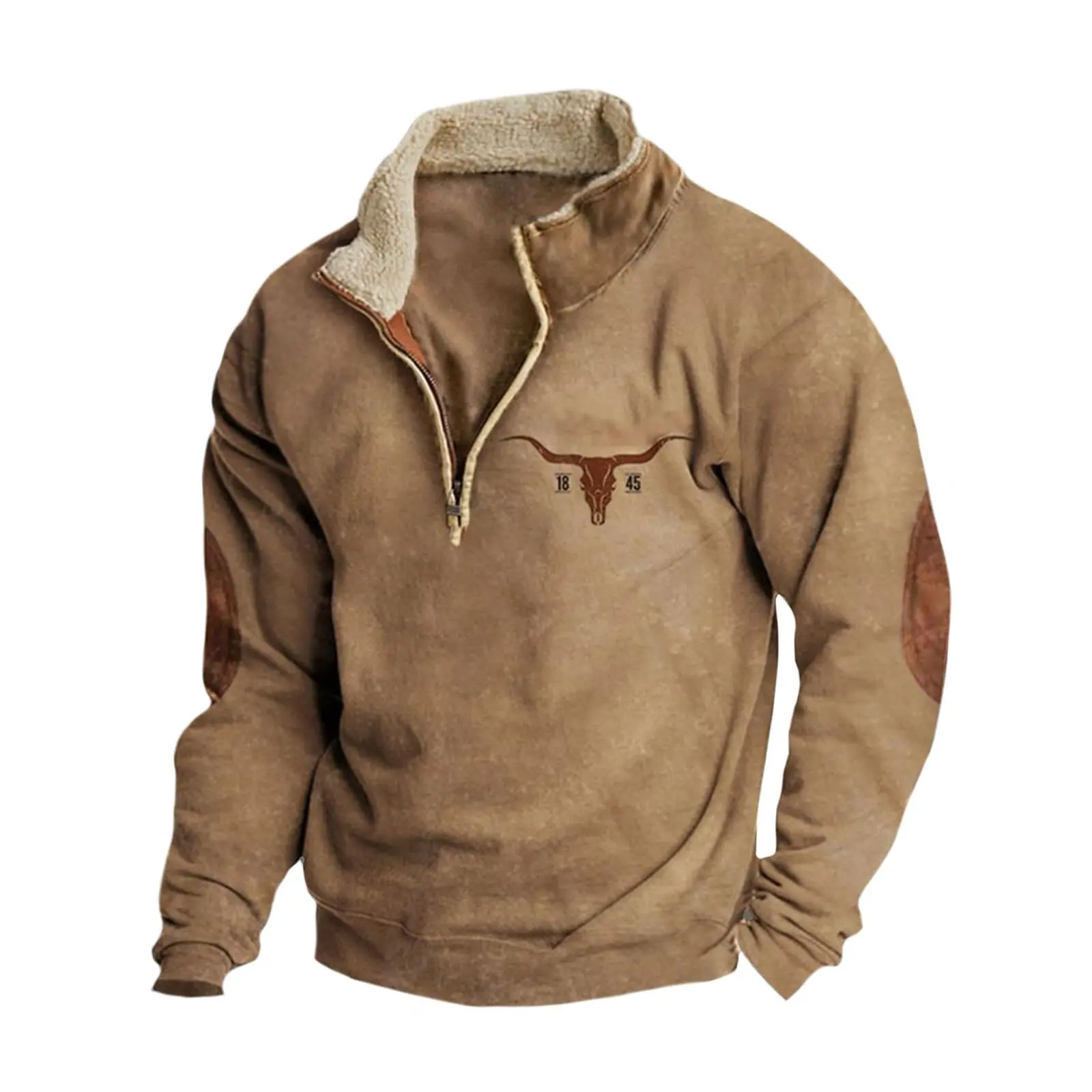 Men's Western Fleece Jacket Cowboy Bull Head Print Pullover 1/4 Zip Stand Collar Long Sleeve Sweatshirts