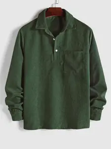 Men's Corduroy Shirt Half Button Plain Pocket Long Sleeve Collared Regular Fit Casual Comfy Top for Fall Winter Daily Wear