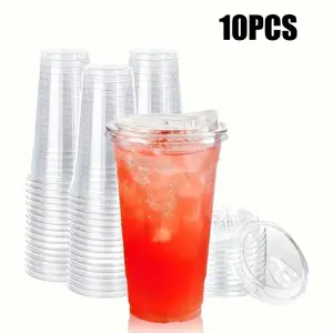 10 Pack Transparent Reusable Plastic Cups with Lids and Straws, Ice Coffee Cup, Cold Drink Cups, Ideal for Outdoor Picnics and Parties