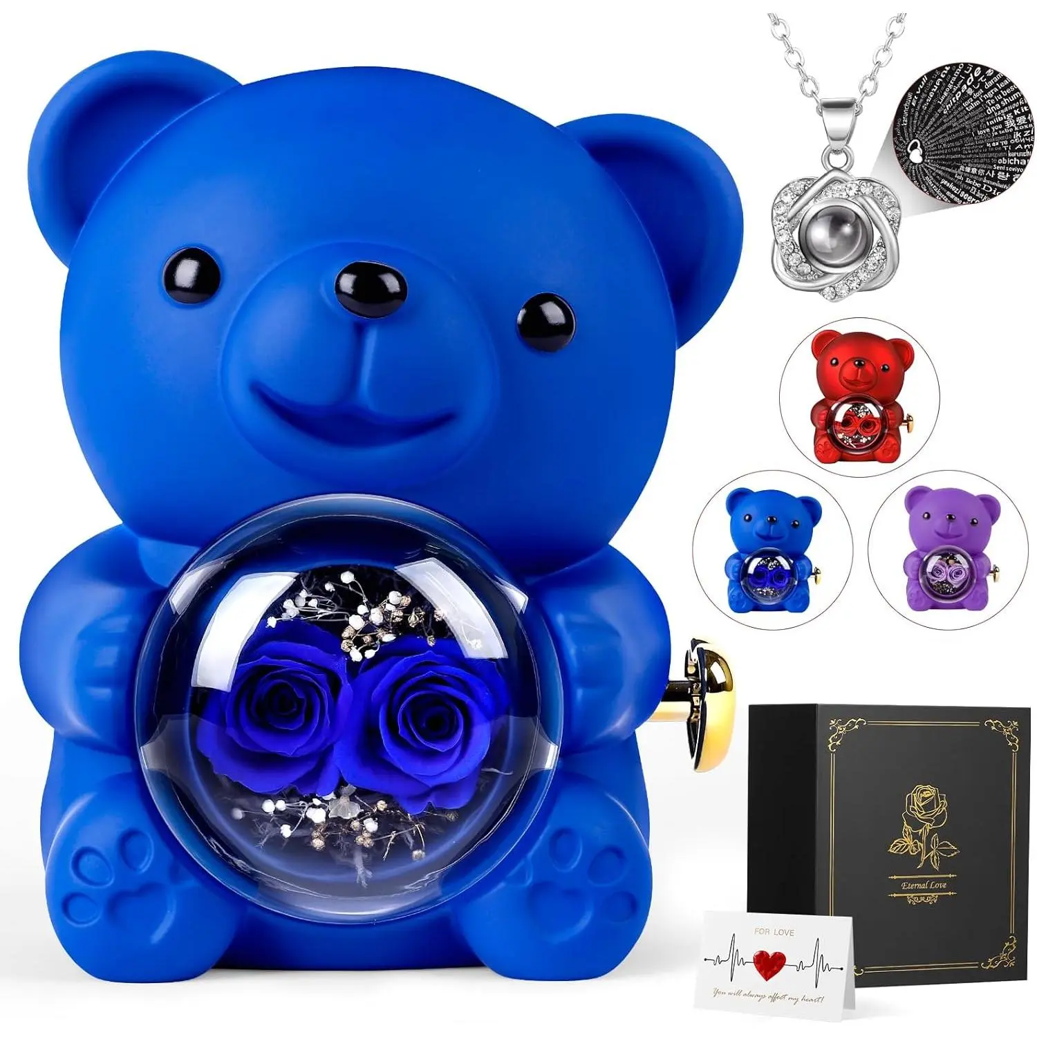 Cute Bear Teddy with Preserved Rose Gift Box, Romantic Rose Flower Bear Teddy Gift Mom, Eternal Forever Rose Bear Gift Weddings Anniversary for Woman, Red Blue