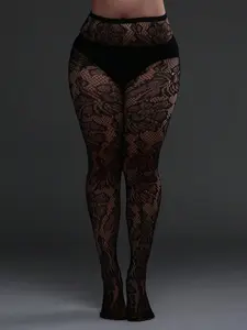 Plus Size Women's Fishnet Tight Pants Underwear, Curve Hugging Compression, Leaf Cut-Out Design, Sexy Fashion, Suitable for Party, Home, Office, Daily Wear