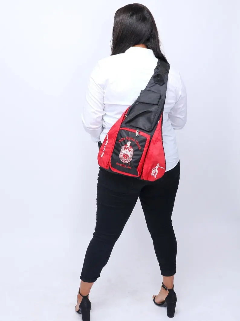 Delta Sigma Theta (ΔΣΘ) Red & Black, 1 Shoulder Crossbody GUITAR Sling/Shoulder bag with 5 External Pockets.