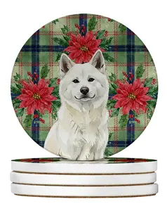 Carolines Treasures WDK8472RCS4 4 x 4 in. White Akita Christmas Poinsettias Large Sandstone Coasters, Pack of 4