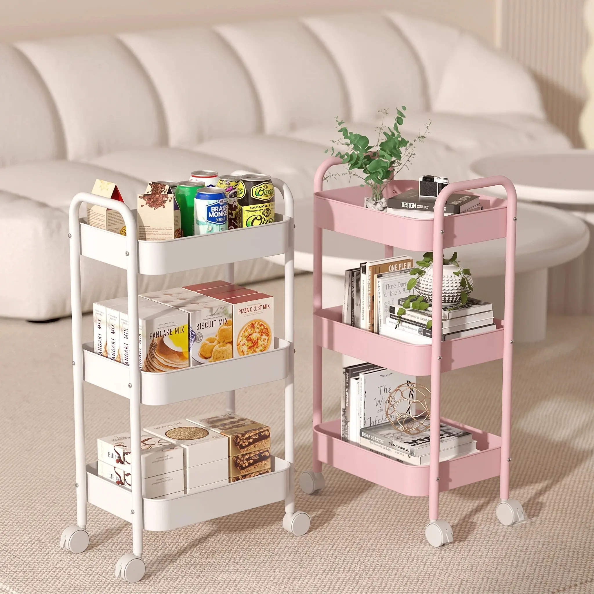 3-Tier Rolling Utility Cart with Wheels, Space-Saving Storage Organizer for Kitchen, Bathroom, Office and Dorm, Easy Assembly
