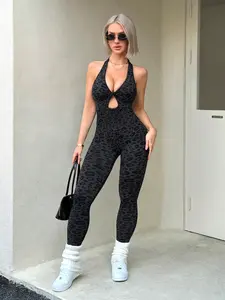 Women's Leopard Print Knit Yoga Jumpsuit, Casual Long Sleeve Hollow Out Sportswear, Summer Spring Fashion, Above the Ankle Fit