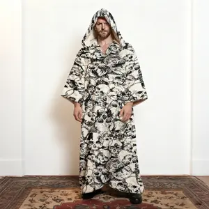 Men's Hooded Pullover Plush Skull Print Kaftan Robe, Gothic Graphic Fleece Loungewear, Soft Brushed Cotton Long Sleeve Closed Front Home Robe, Edgy Sleepwear for Men