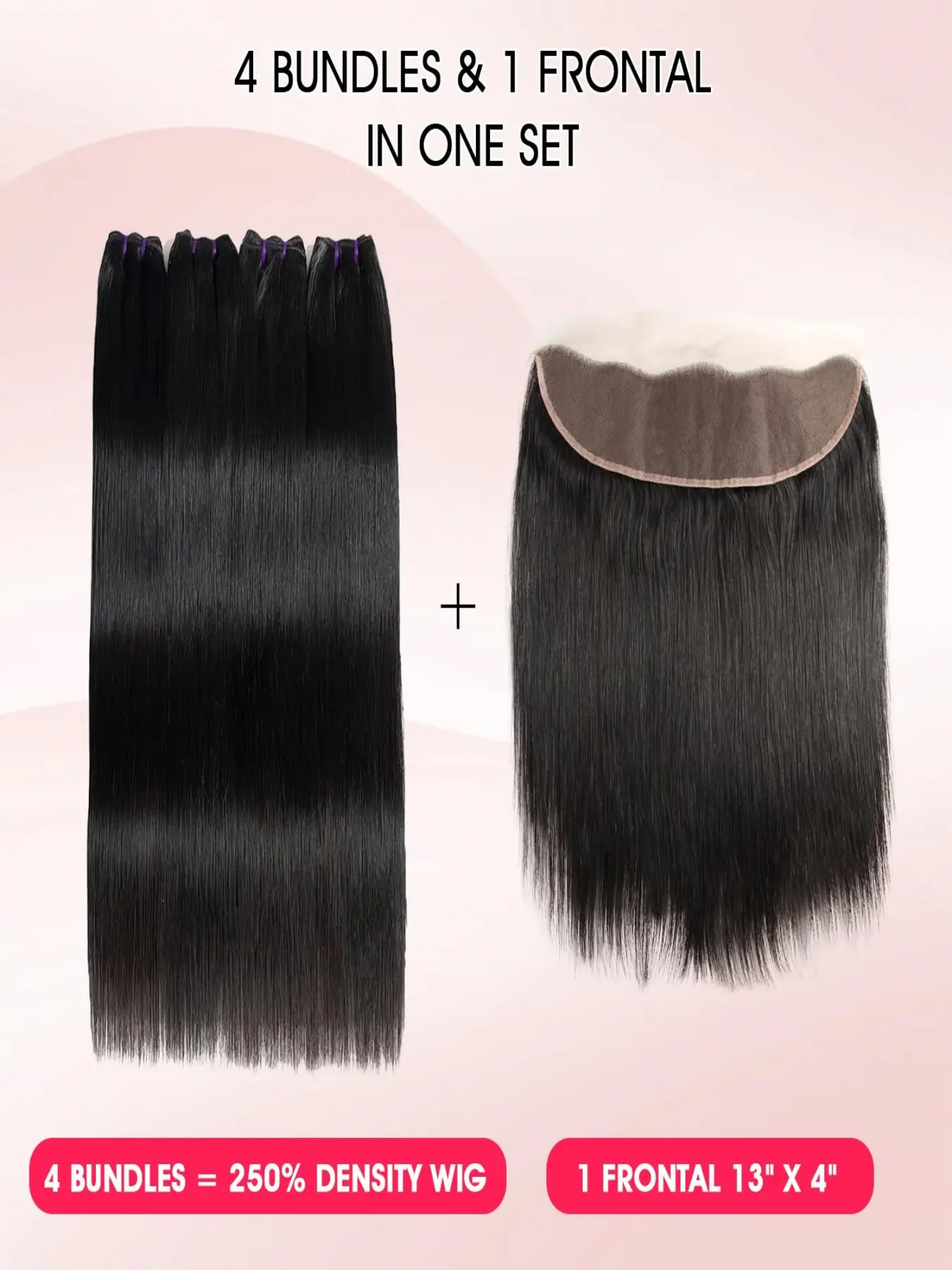 Brazilian Virgin Human Hair Extensions with HD Lace Frontal 4 Bundles 20 22 24+18 Straight Human Hair Bundles with Lace Frontal  main image 2