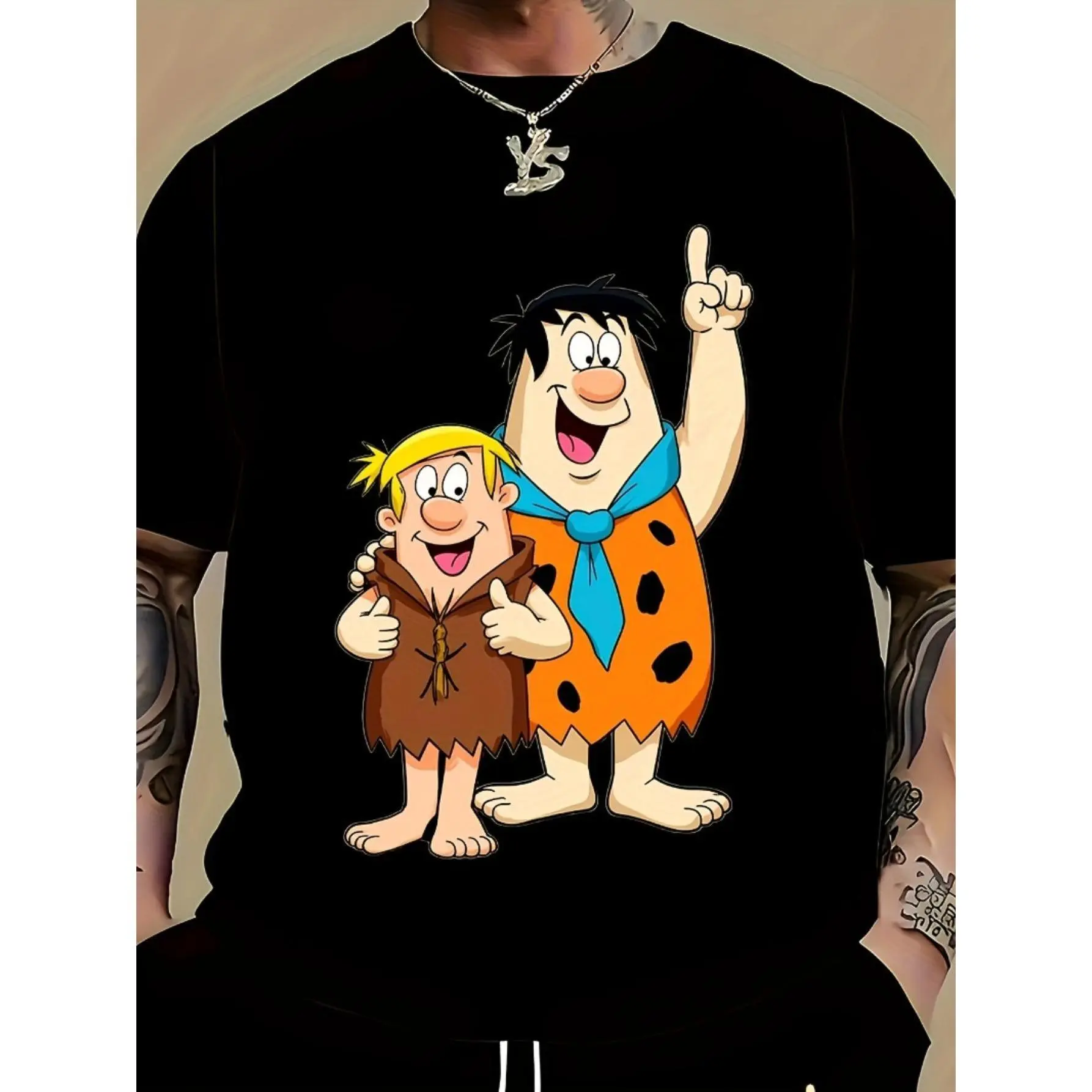 Men's Large Size 180g Casual Short Sleeve T-Shirt with Cartoon Graphic Print, Round Neck Summer Tee for Daily & Work Wear, Machine Washable, Ideal Gift1