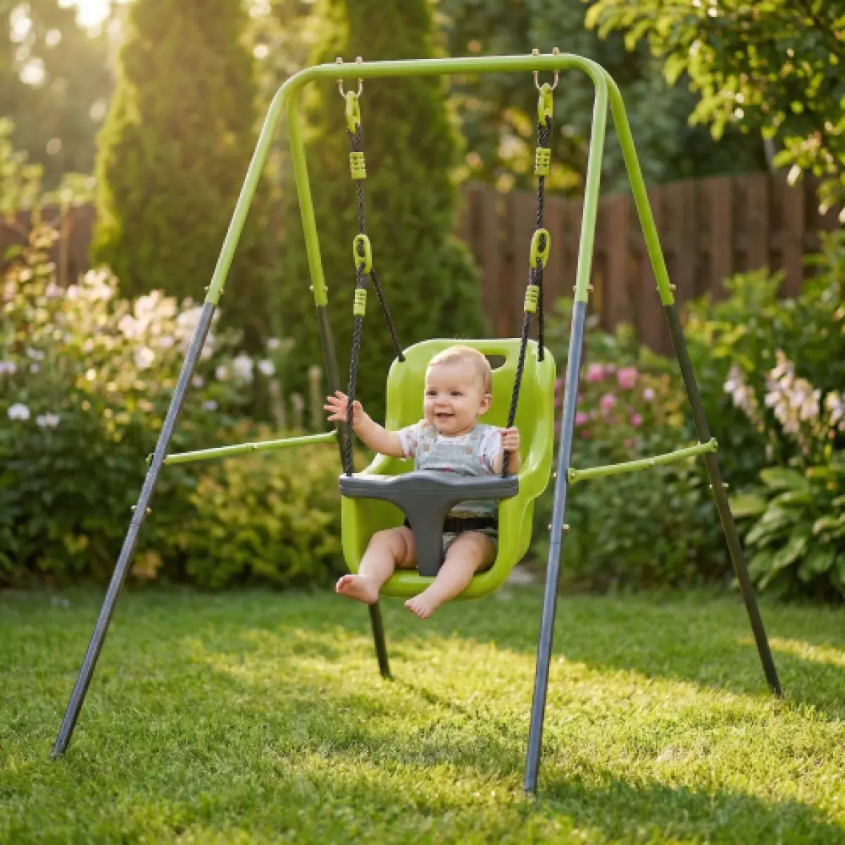 Aobtkel Infant Baby Swing with Safety Harness Full Body Support Ergonomic Seat Crotch Strap for 6 Months to 2 Years Toddler Indoor Outdoor Heavy Duty Metal Frame Backyard Garden Nursery Easy Clean Secure Comfortable Gift
