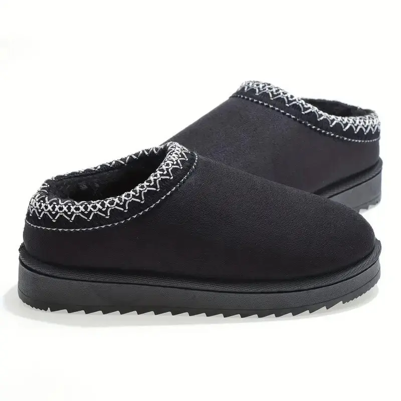 Unisex Ultra-Soft Plush Slipper Shoes Cozy Slip-On Slippers, Fuzzy Lined Mules, Black Casual House Shoes, Warm Comfortable Indoor-Outdoor Footwear