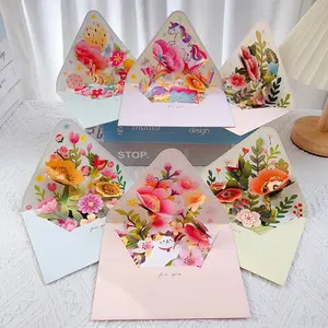 3D Pink Cute Kitten Flower Blooming Greeting Card Envelope for Birthdays Thanks Christmas New Year Greetings with Vibrant Floral Design