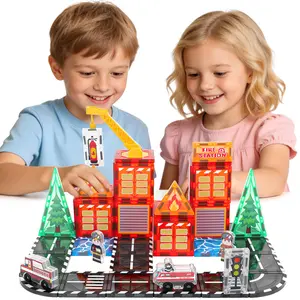 deAO Magnetic Tiles for Kids Ages 4-8,  48PCS Construction Magnet Tiles with Fire Truck Station, STEM Magnetic Blocks Gifts for 3 4 5 6 7 8 Year Old Boys, Toys for 4 5 Year Old Boys Birthday Gifts #Summer Vibes