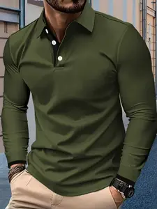 Men's Long Sleeve Polo Shirt, Casual Fashion Fit, Comfortable Spring & Fall Wear, Plain Pattern, Moderate Fabric Thickness