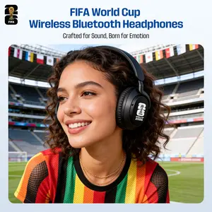FIFA World Cup Wireless Bluetooth Over-Ear Headphones, Hi-Fi Stereo Deep Bass Headset, 63H Long Playtime, Foldable Lightweight Design with Built-in Mic, Universal Compatible for iOS & Android, Black