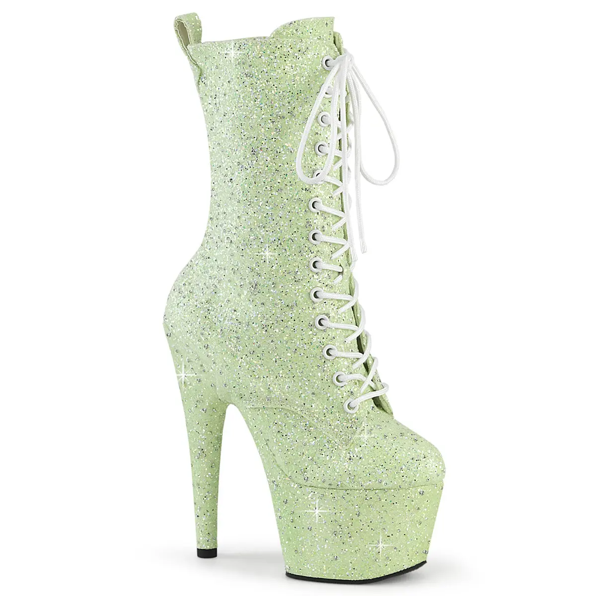 Women's Stylish Pastel Mint Glitter Lace-Up Platform High Heels - 7-in Stiletto Heel, Side Zip Inner, Quick Access, Performance Footwear