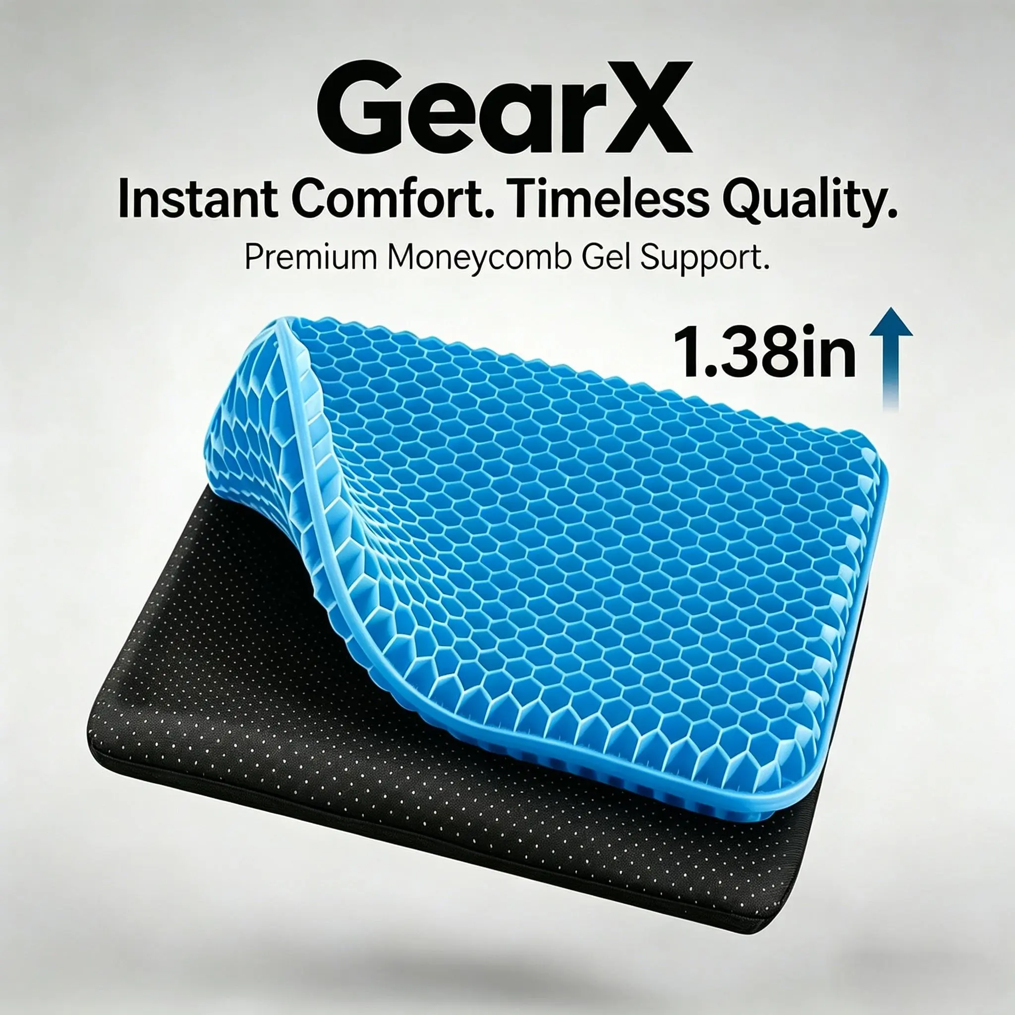 GearX Double-Thick Gel Car Seat Cushion (16.5x14.5x1.38 in) - Automotive Interior Accessory, Breathable Honeycomb Design, Non-Slip Cover, Ergonomic Curve Support for Drivers and Commuters, Elderly People, Office Workers, Wheelchair Users