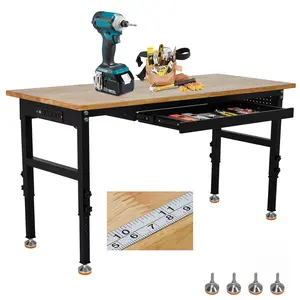 GARVEE 60" Adjustable Heavy Duty Workbench with Drawer and Power Outlet, Sturdy Steel Frame, Rubber Wood Table Top, 2200 Lbs Load Capacity Work Table for Garage, Office, and Home Use