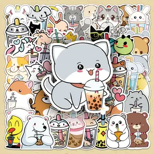 Cartoon Pet Milk Tea Pattern Sticker, 50pcs/set Cute Creative Decorative Sticker, DIY Decals for Water Bottle, Laptop, Phone Case, Scrapbooking, Journal Making
