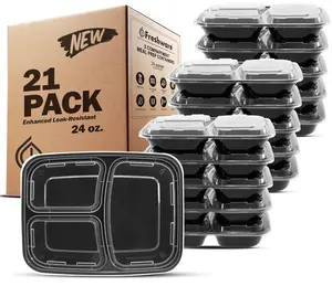 Meal Prep Containers [21 Pack] 3 Compartment with Lids, Food Storage Containers, Bento Box, BPA Free, Stackable, Microwave/Dishwasher/Freezer Safe (24 oz) Lunch Boxes Plastic