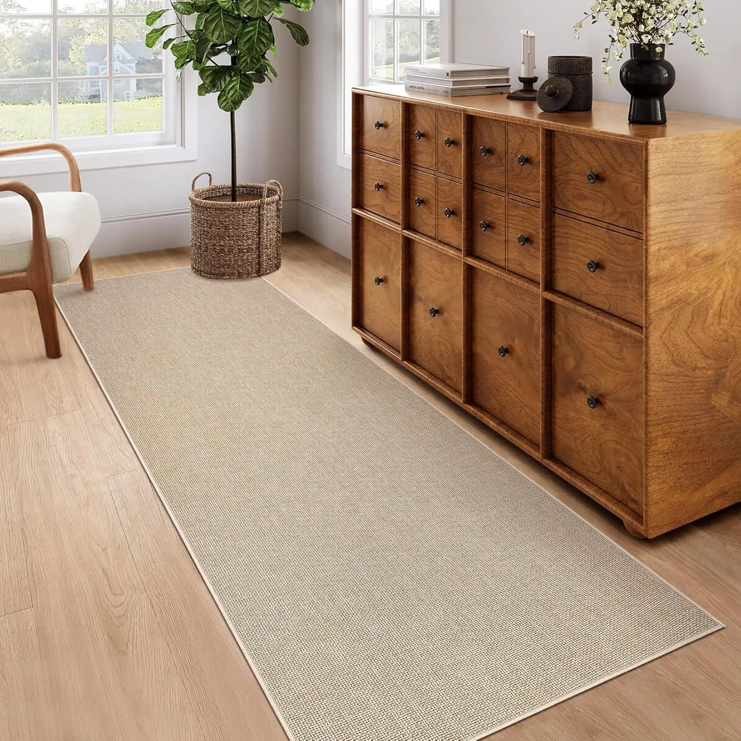 Washable Runner Rug 2x6 Woven Textured Hallway Runner Rug Modern Minimalist Solid Color Non Slip Runners Low Pile Non-Shedding Thin Foldable Mat for Entryway Kitchen Bathroom Bedside Tan,8*10ft(244*305cm) Beige
