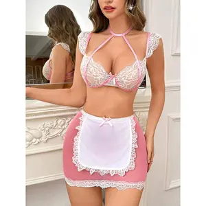 New Hanging Neck Perspective Maid Uniform Lace Sexy Lingerie Temptation Short Skirt Thong Sexy Underwear Suit Three Pieces Sexy Stitching Lace Role-Playing Suit