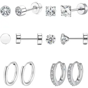 6 Pairs Stud Earrings Set,  Cubic Zirconia, Earrings Stainless Steel, Small Hoop Flatback Stud Earrings,  Unisex Screw  Cartilage Earrings