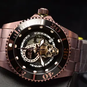 Invicta Men's PRO DIVER 43mm Black Skull Dial SS Automatic BROWN Watch