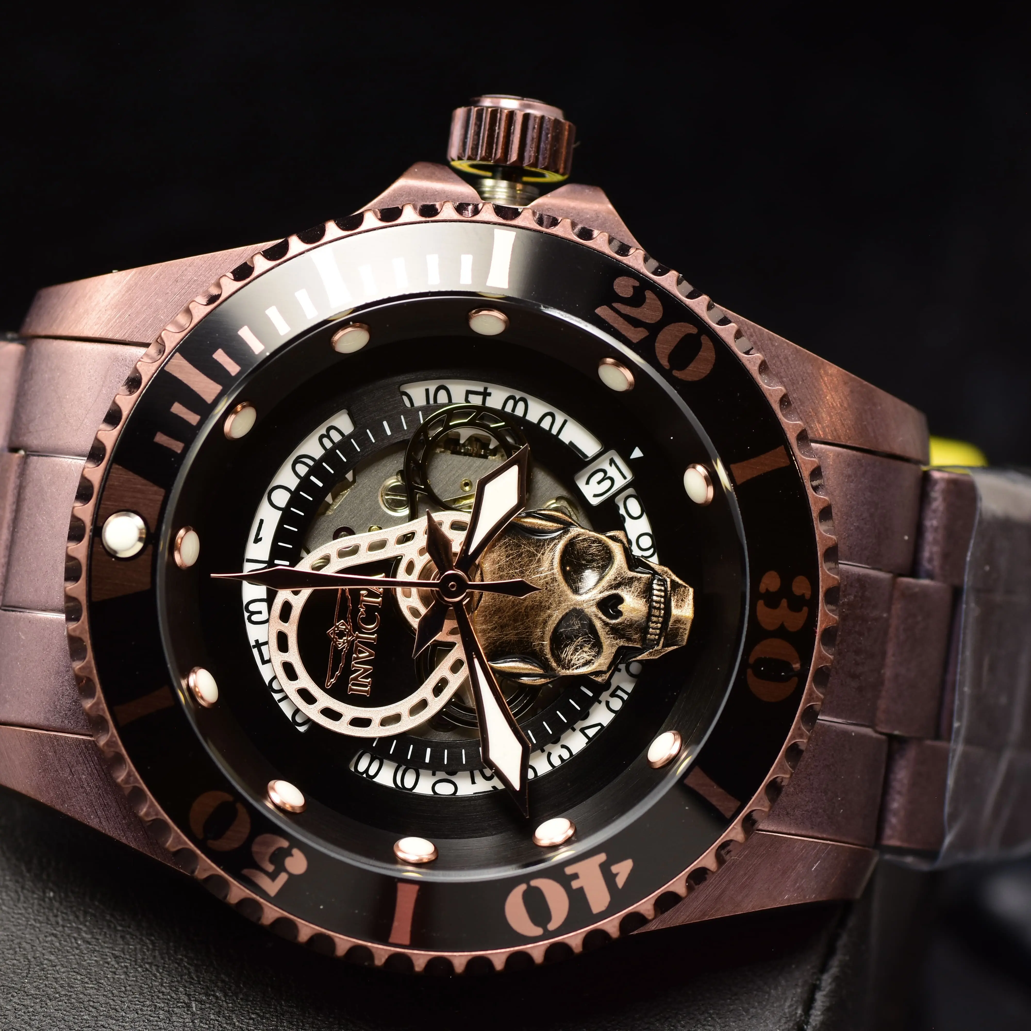 Invicta Men's PRO DIVER 43mm Black Skull Dial SS Automatic BROWN Watch