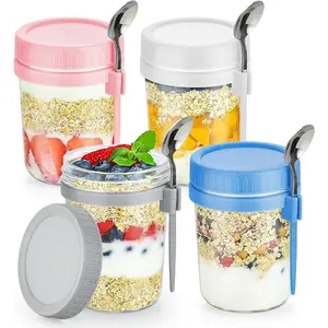 Set of 4 Leak-Proof Glass Mason Jars with Lids and Spoons – 16 Oz Containers Perfect for Overnight Oats, Cereal, Fruit, Milk, Kitchen Utensils