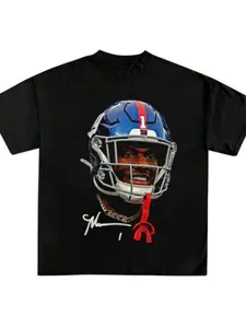 New York Giants Malik Nabers Portrait Print Short Sleeve T-Shirt, American High Street Retro Style, Football Fan Streetwear