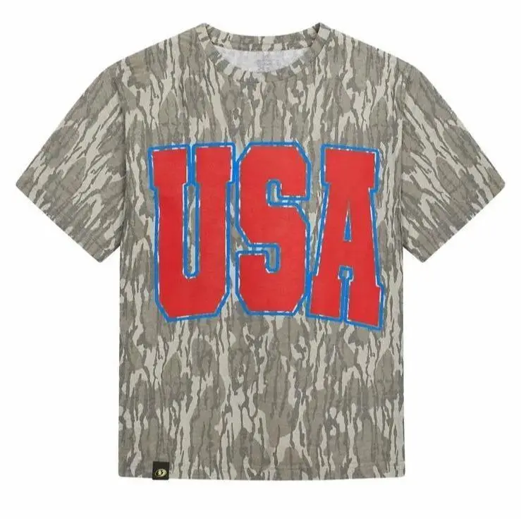 USA Camouflage Tee – Bold Red "USA" Graphic on Camo Print T-Shirt Open for sale!