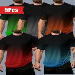 5PCS Men's Plus Size Gradient Color Short Sleeve Crew Neck T-Shirt, Casual Comfortable Tee, Stylish Versatile Top shirt