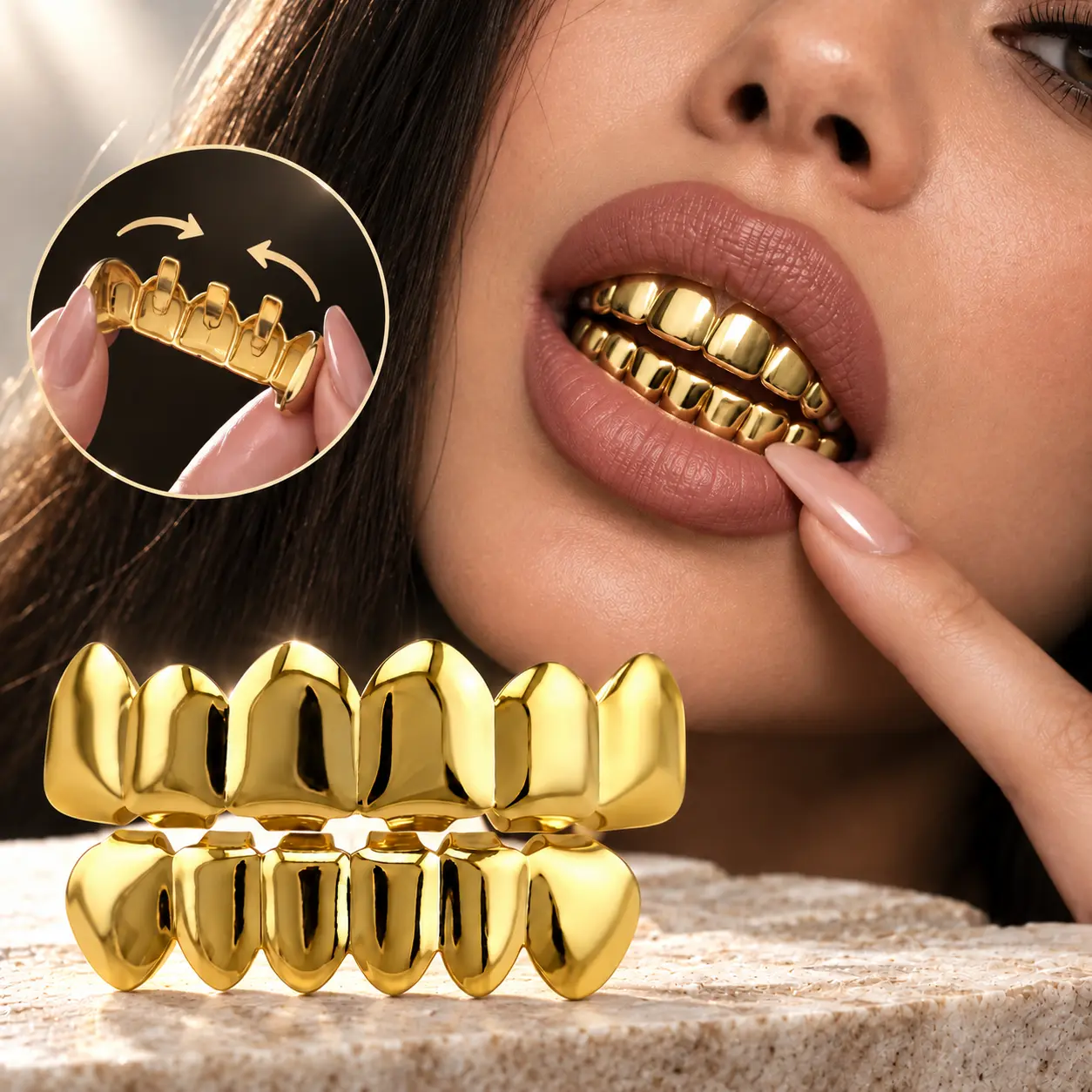 Gold Tone Hip Hop Grillz Set, Removable Top & Bottom Teeth Caps with Adjustable Fit, Shiny Mouth Jewelry for Men & Women, Costume Party, Photo Shoot & Fashion Accessories