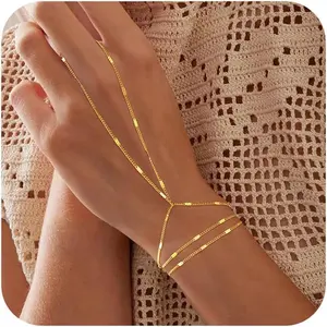 Hand Chain Bracelet for Women - Dainty 14K-Gold-Plated Finger Ring Hand Chains Layered Trendy Link Bracelets Jewelry Gift for Women