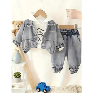 New3pcs Boys' Casual Denim Jacket + Cartoon Bear Hooded Sweatshirt + Jeans Set, Autumn/Winter Style, Fashionable and Versatile, Comfortable Wear, Ideal for Back-to-School, Daily Wear, Christmas, Birthday Parties, Outings, and Holidays, Perfect for