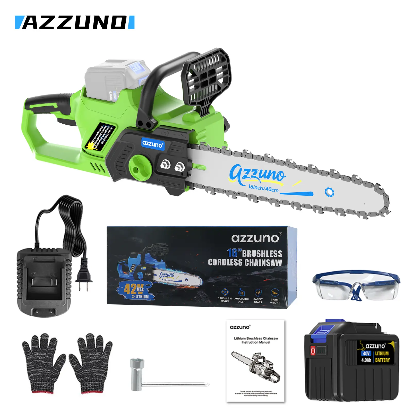 AZZUNO 16-inch Electric Chainsaw, Cordless Brushless Chainsaw Kit with Auto-Oiling & Tool-Free Tension, 4372RPM for Wood Cutting