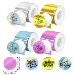 Holographic Round Transparent Thermal Self-Adhesive Labels (50x50mm), 4 Rolls (Gold, Silver, Purple, Blue), Compatible with M110-M102-P1-P2 Label Printers, for Office Supplies