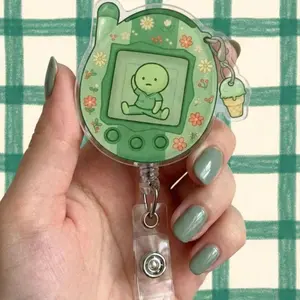 Floral Tamagotchi Nurse Badge Reel | Kawaii Badge Buddy Green Ice Cream Badge Reel for Nurse/Teacher