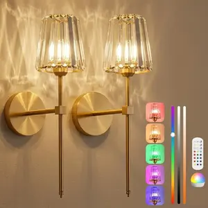2-Pack Gold Crystal Battery Operated Wall Sconces, Rechargeable RGB Dimmable Cordless Wall Lights with Remote, No Wiring Set of 2 for Living Room Bedroom Hallway Decor