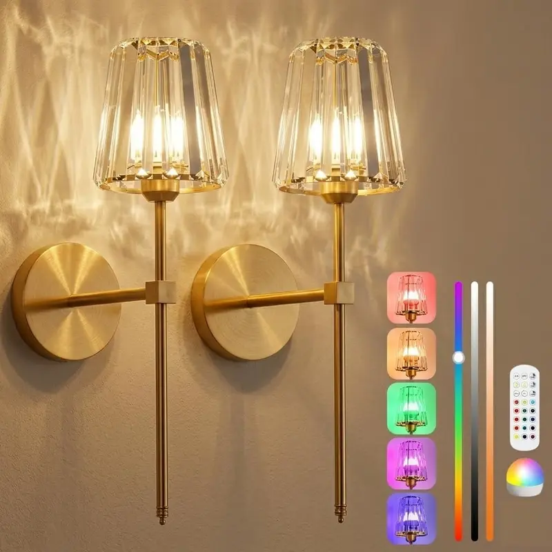 2-Pack Gold Crystal Battery-Operated Wall Sconces, Rechargeable RGB Dimmable Cordless Remote-Controlled Interior Lights with Adjustable Light Modes, No-Wiring Whimsy Home Decor Home Accessory for Living Room, Apartment Accessories