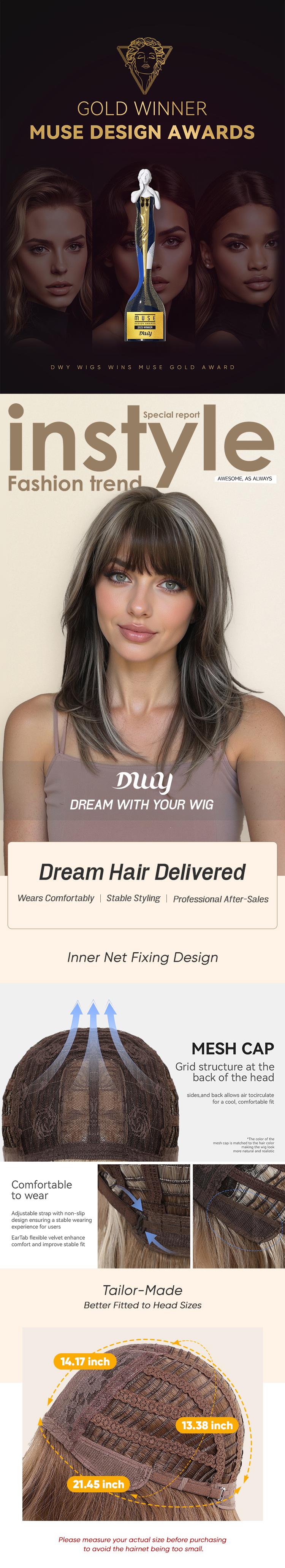 Ember H-DWY Mid-length Stright Grey Black with Highlights and Bangs Glueless Synthetic Wig for Women 18 Inches