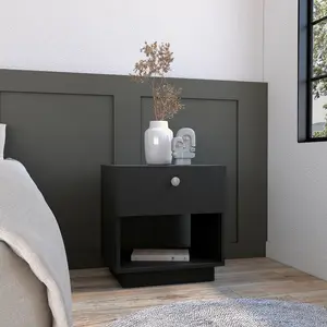 Dreamzon Furniture Single Drawer Nightstand - 19"H Indoor Cabinet with Open Storage Shelf, Open Shelf, Black