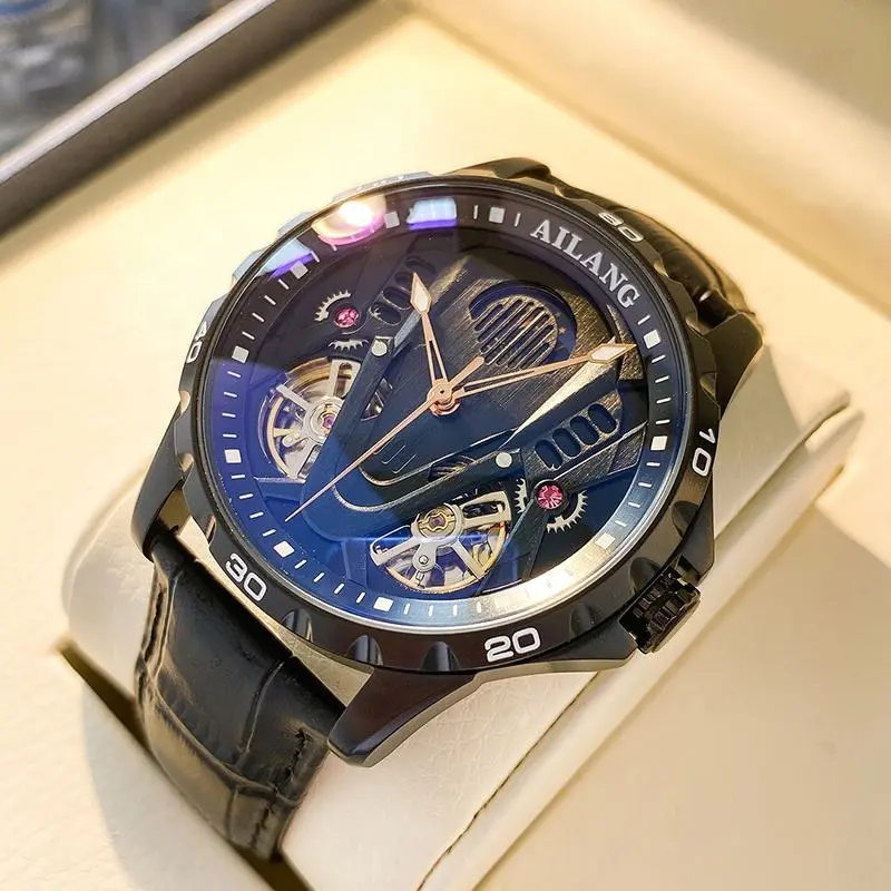 Classic 43mm Mechanical Wristwatches for Men, Automatic Blue Skeleton Dial with Stainless Steel Case, Leather Strap, Double Tourbillon, Luminous, Automatic Movement, Waterproof