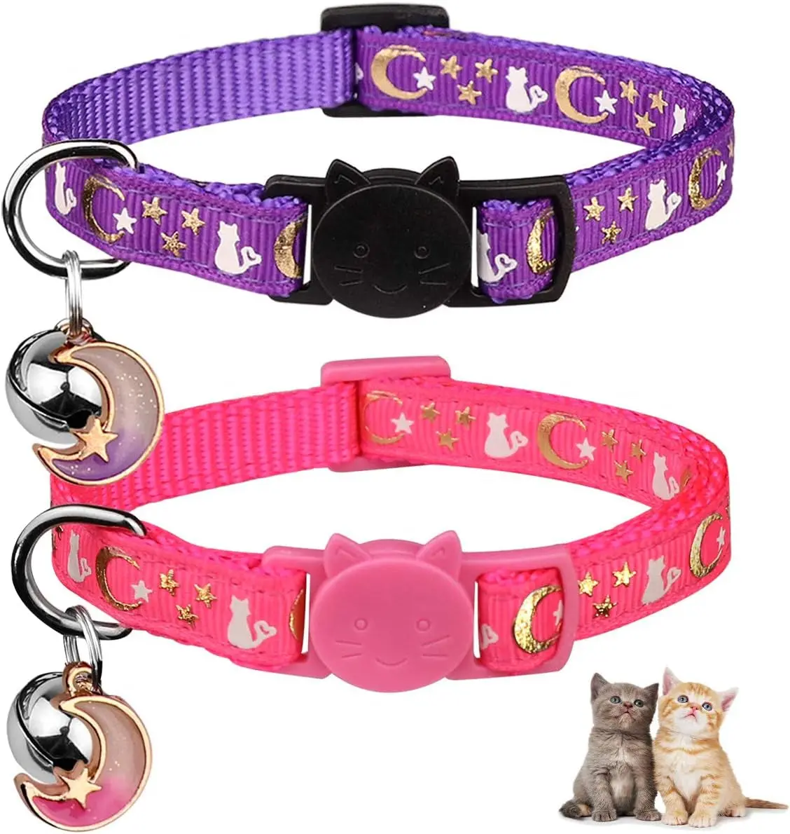 2PCS Glow-in-the-Dark Cat Collars – Breakaway Safety, Adjustable, Bell & Pendant (Purple & Pink)