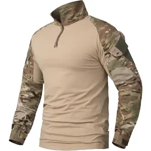 Men's Tactical Combat Shirt, 1/4 Zipper Long Sleeve Camo Army Military T Shirt..
