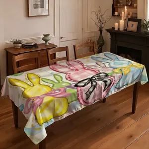 JIT+1pcs 2D flat printed tablecloth  Easter Themed Tablecloth with Bunny & Egg Patterns Waterproof Oilproof Table Cover for Holiday Dining Room Decor