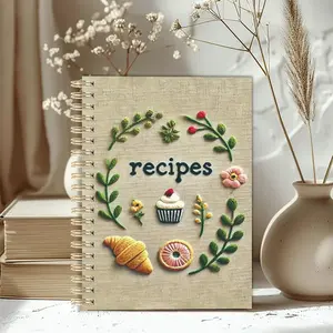 Recipe Notebook, Spiral Notebook Journal, Spiral Bound Notepad, With Floral Cooking Design, For Home Cooks, Culinary School, Birthday Gift, Size 5.5x8.3 inches, Beige Background with Recipe Text, Illustrations, Durable Spiral Binding, Stationery